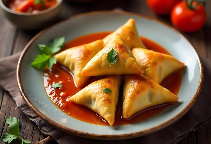 Flavorful Samosas with Sauce and Fresh Tomatoes